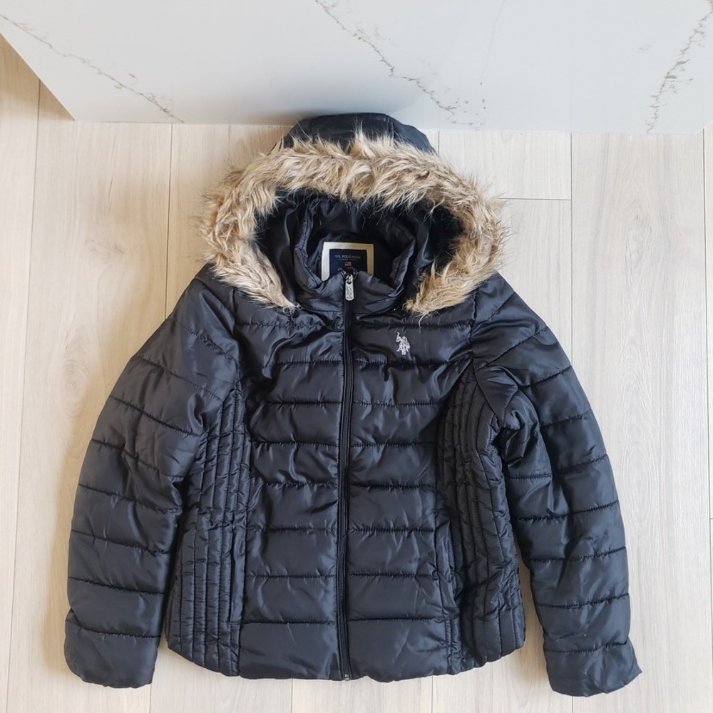 US Polo Assn Puffer Jacket Womens Large Black Faux Fur Hood Quilted Winter Coat